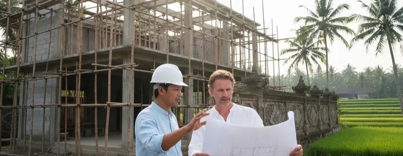 Architect and villa owner checking building plans at a villa under construction in Bali for the PBG and SLF