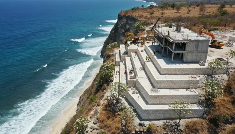 Cliff-top villa under construction on limestone in Uluwatu, Bali