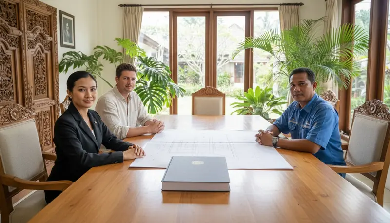 Construction lawyer and notary reviewing a building contract with a villa owner and a contractor in Bali