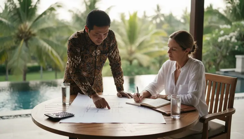 Consultant reviewing the cost items for a PBG and SLF with a villa owner in Bali