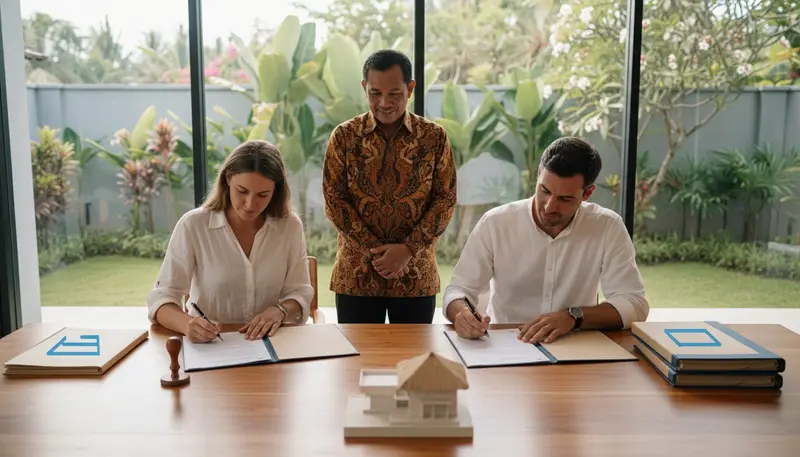 Foreign investors signing company documents for a PT PMA in a Bali office