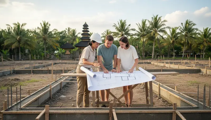 Indonesian architect explaining villa floor plans to an owner on a Bali building site before construction under a PBG
