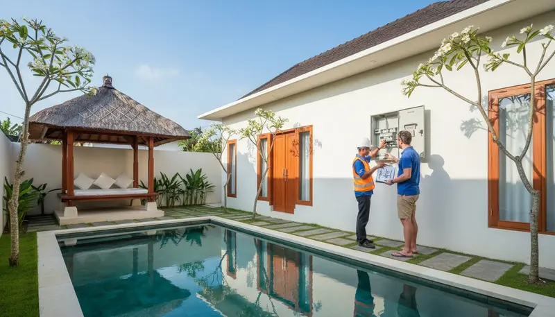 Inspector checking a finished Bali villa with a private pool before the SLF certificate of fitness for use is issued