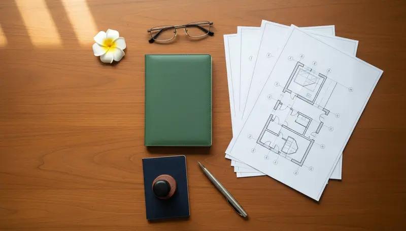 Land certificate folder, villa drawings and identity documents prepared for a PBG application in Bali