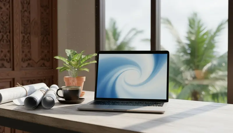 Laptop on a desk in a Bali office used to file a PBG application online in SIMBG