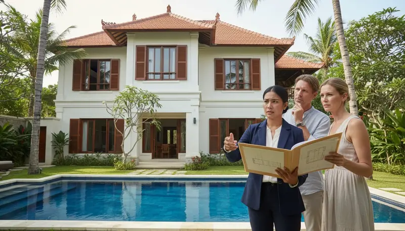 Lawyer comparing villa building plans with the finished villa during due diligence in Bali