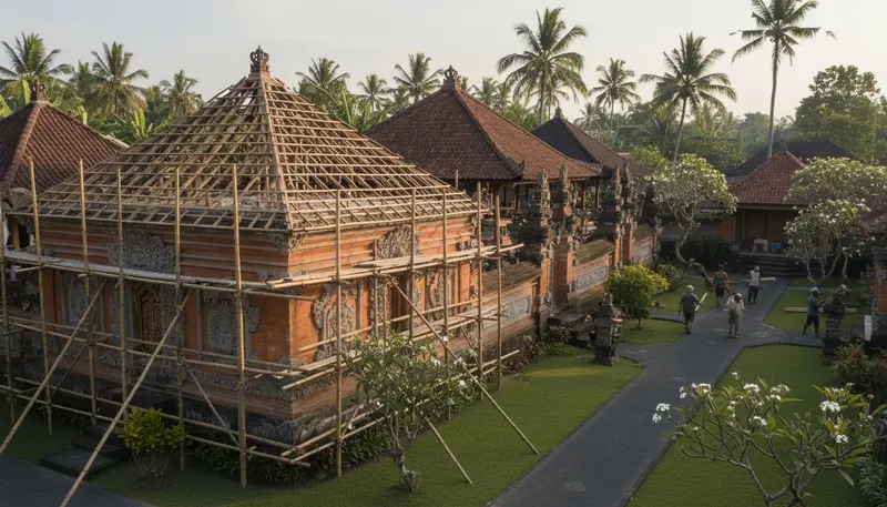 Older Balinese villa with a tiled roof being renovated, a case where the old IMB is replaced by a new PBG