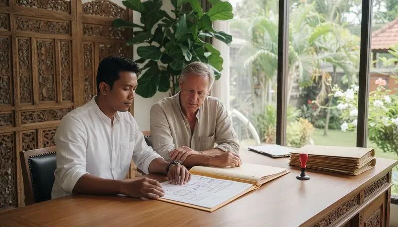 PBG and SLF consultant meeting a villa owner in a Balinese office with building drawings on the desk