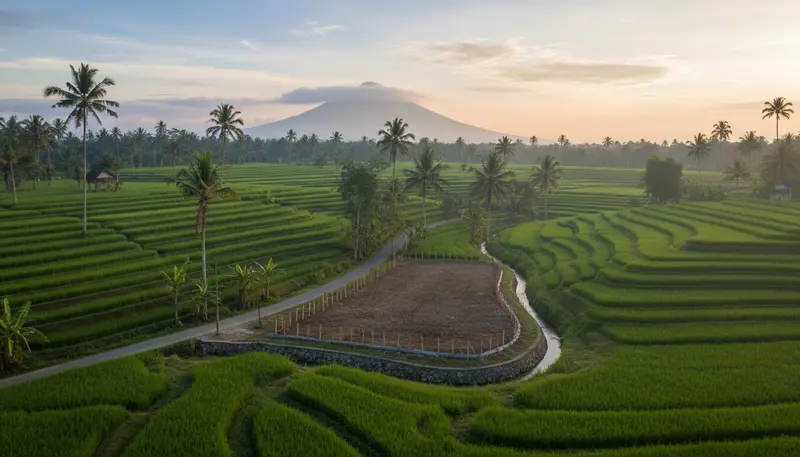 Rice terraces and a land plot in Tabanan, Bali, where zoning is checked before a PBG