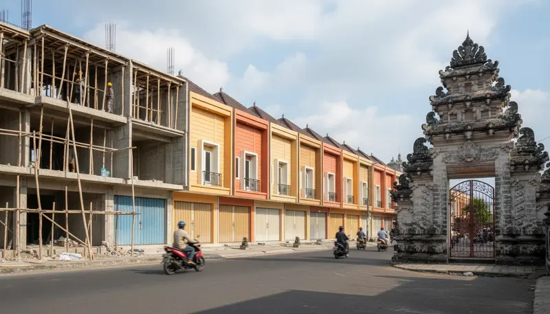 Shophouse and family house construction on a street in Denpasar, Bali
