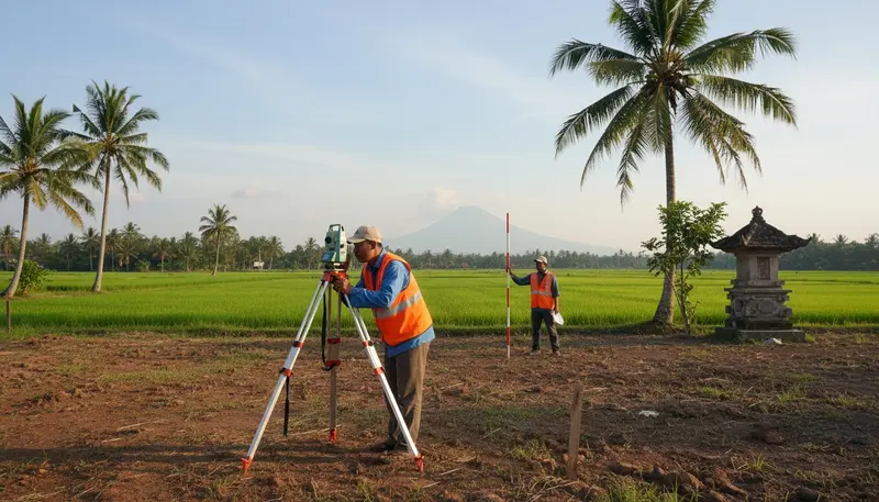 Surveyor measuring a land plot near rice fields in Bali during land due diligence