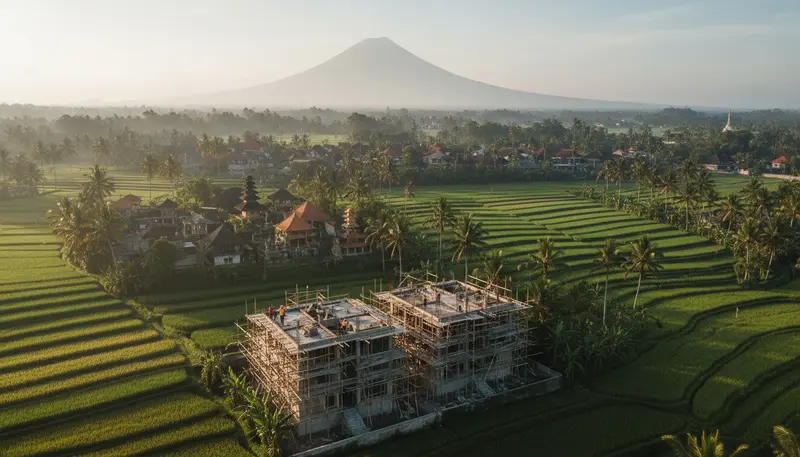 Villa construction among rice fields and palms in Bali, where every building needs a PBG