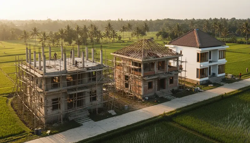 Villa construction progressing in stages in Bali while the PBG and SLF are processed