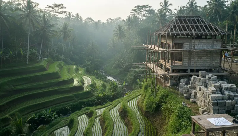 Villa under construction on the edge of a jungle valley near Ubud, Bali
